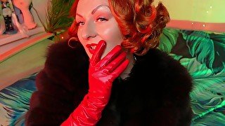 FUR and long red leather gloves ASMR video close up with Arya