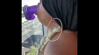 Ebony step sister caught practicing sloppy deepthroat on dildo