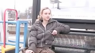 Bold teen exhbitionist flashes her tits and pussy on the train