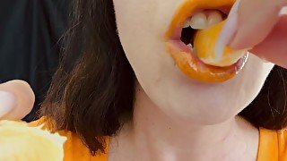 ASMR Sensually Eating Orange Fruit Mouth Close Up by Pretty MILF Jemma Luv