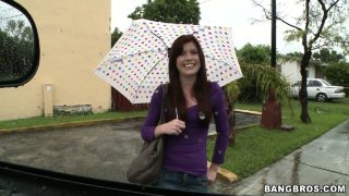 Sweet girl with umbrella is saved from pouring rain and fucked