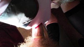 hooded slave joy sucks my cock and gets mouthful of cum