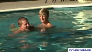 Athletic stud sucking cock in the pool