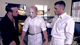 Food fetish gay threesome with staff working in a restaurantt