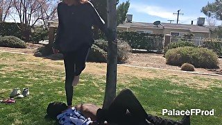 Tall Friend Jumping And Stomping Trample At The Park