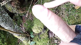 Horny Amateur with Huge Cock Masturbates in the Bush and Cums Slowly