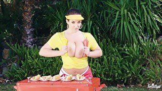 Angela White makes hot dogs and plays with her enormous tits