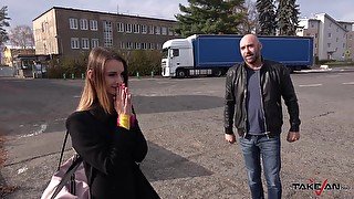 Brunette teen babe Adelle picked up on the street and fucked in a car