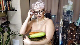 MILF secretary with zucchini and carrots in wet mature cunt... Vaginal testing of a mature slutty ))