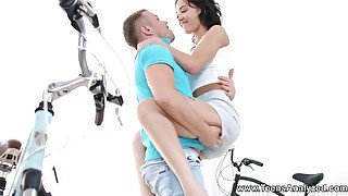 All young man's sperm is on brunette's face after sex