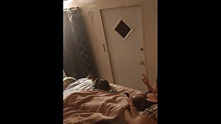 Beautiful white girl smokes in black night gown  with a roommate part 2