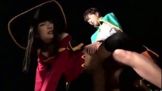 Horny Asian teens in funny costumes engage in hot sex action