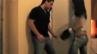 Girlfiend beating boyfriend with gloves