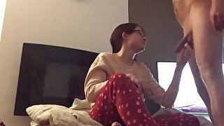 Nerdy cumslut in pyjamas gets another cumload