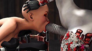 A hot bald young hottie gets fucked by a sex cyborg in the dungeon