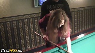 Slim tipsy brunette undresses in billiard hall for winning a dick