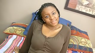 Naturally busty ebony Eunique gives a blowjob to a guy in POV clip