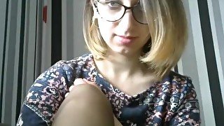 Beautiful girl with glasses easily fist her pussy