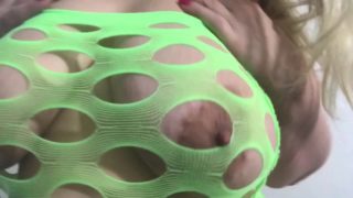 Carlycurvy striptease in neon green fishnet dress