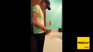 straight hunk with fat dick jerks off in bathroom