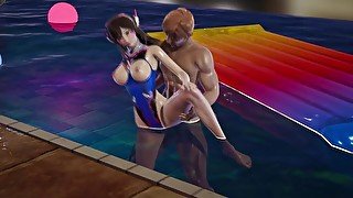 Dva in a swimsuit takes a bath in the pool until a muscular guy starts to fuck her in cowgirl