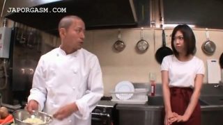 Asian waitress gets tits grabbed by her boss at work