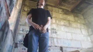 Outdoor wank and cum in ruined building