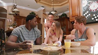 Dirty chick is having a foursome with three gifted studs