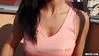 Hot brunette babe Enza doing it for the money and sucking cock