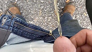 Daddy loves peeing in public any chance to play with his cock