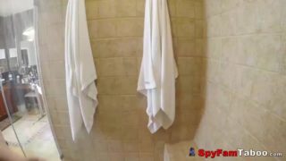 Cheeky son watches beautiful stepmom taking shower & fucks her