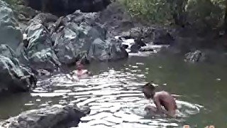 Tall lean Latino skinny-dipping before oral 2some