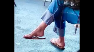 Sexy Blonde Milf dangling Wrinkled Feet In Rainbow Sandals 