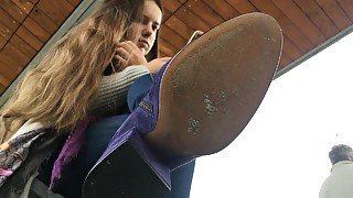 Pretty Teen In Interesting Purple Boots Filmed By Voyeur At The Bus Station