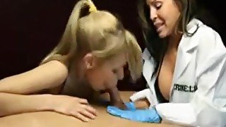 Two girls giving a guy an awesome blow and handjob.