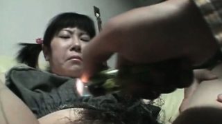 Innocent asian girl gets hairy cunt trimmed in close-up