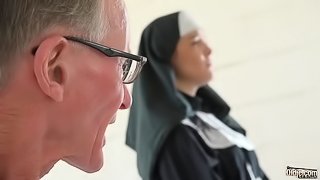 Horny teen nun strips and fucks an old man in the confessional