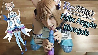 Femboy Felix Argyle Cosplayer sucks on big Dildo and wants your cum