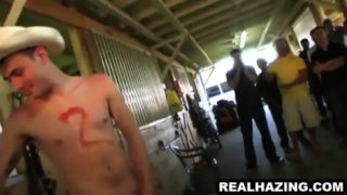 Redneck Hunk Getting Hazed By Jerking It For A Crowd