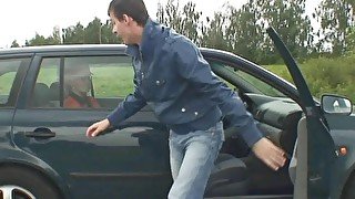 Two dudes pick up hot grandma and screw outside