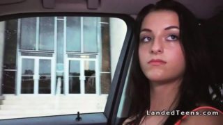 Shaved cunt brunette teen bangs in car