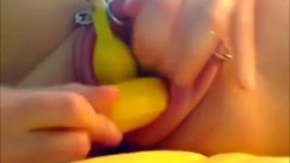 Hard core triple banana fucling pierced pussy