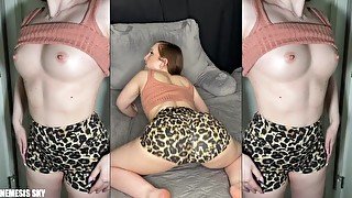 Split screen JOI with dildo BJ in sexy gym outfit leopard yoga shorts and crop top