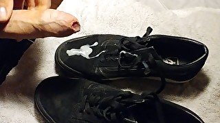 Big dick stains black Vans with nice load of cum