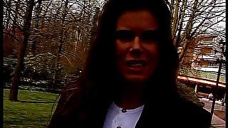 Sexy amateur brunette at outdoors interview