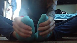 Innocent Princess Samantha Massaging Her Feet In Turquoise Socks On Th