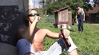 Oldman pleases son's gf outdoors