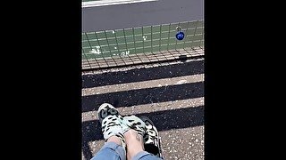 BBW milf gives Public foot tease by the ocean