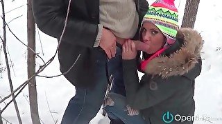 Cute snow bunnies suck hard dick in woods