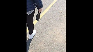 Step mom pulled out leggings in public place fucking step son